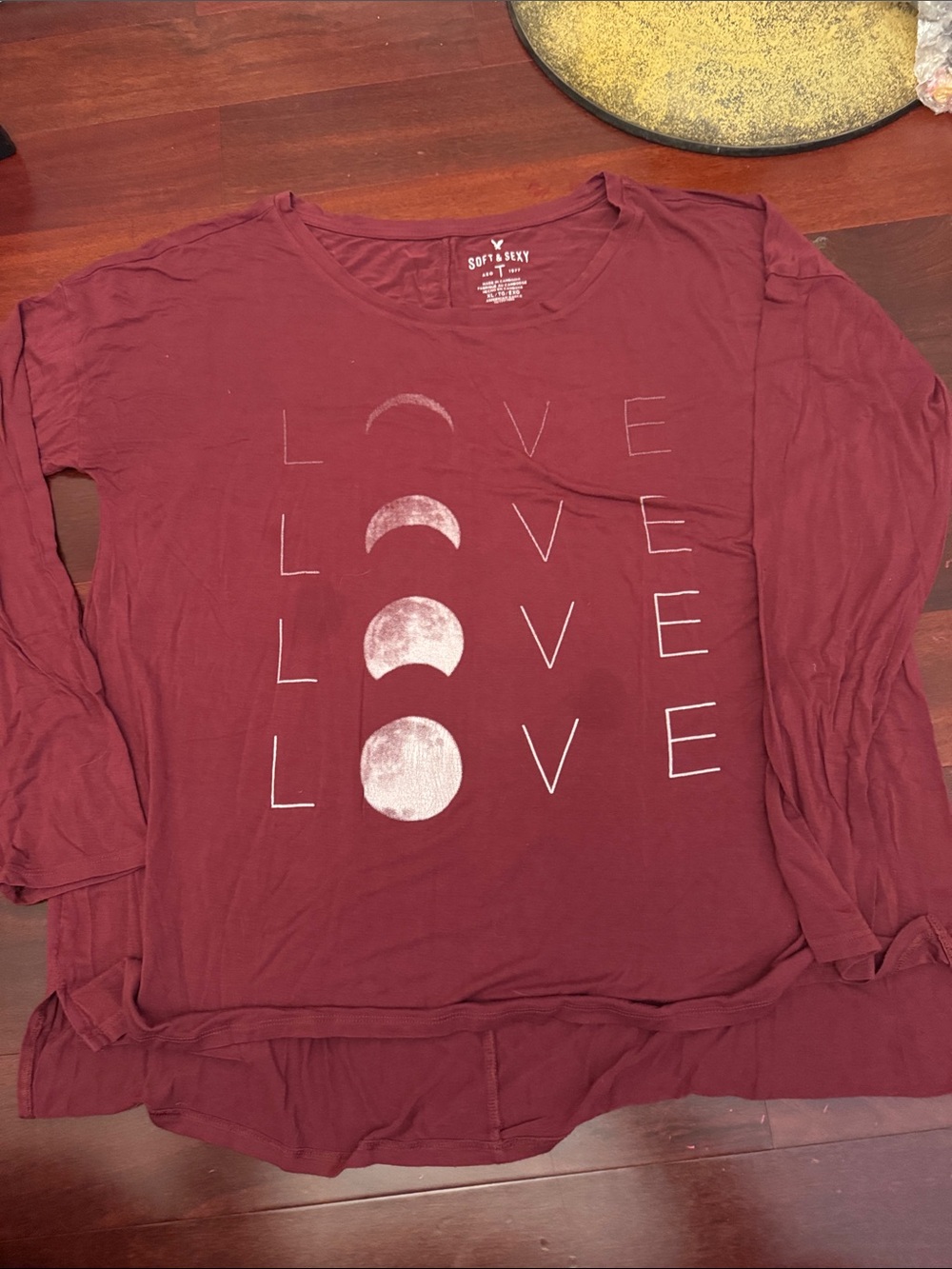 American Eagle Outfitters Burgundy Long Sleeve 'LOVE' Moon Graphic Tee